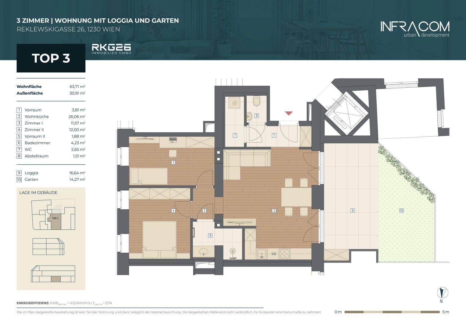 Grundriss einer 3-Zimmer-Wohnung mit Loggia und Gartenbereich.