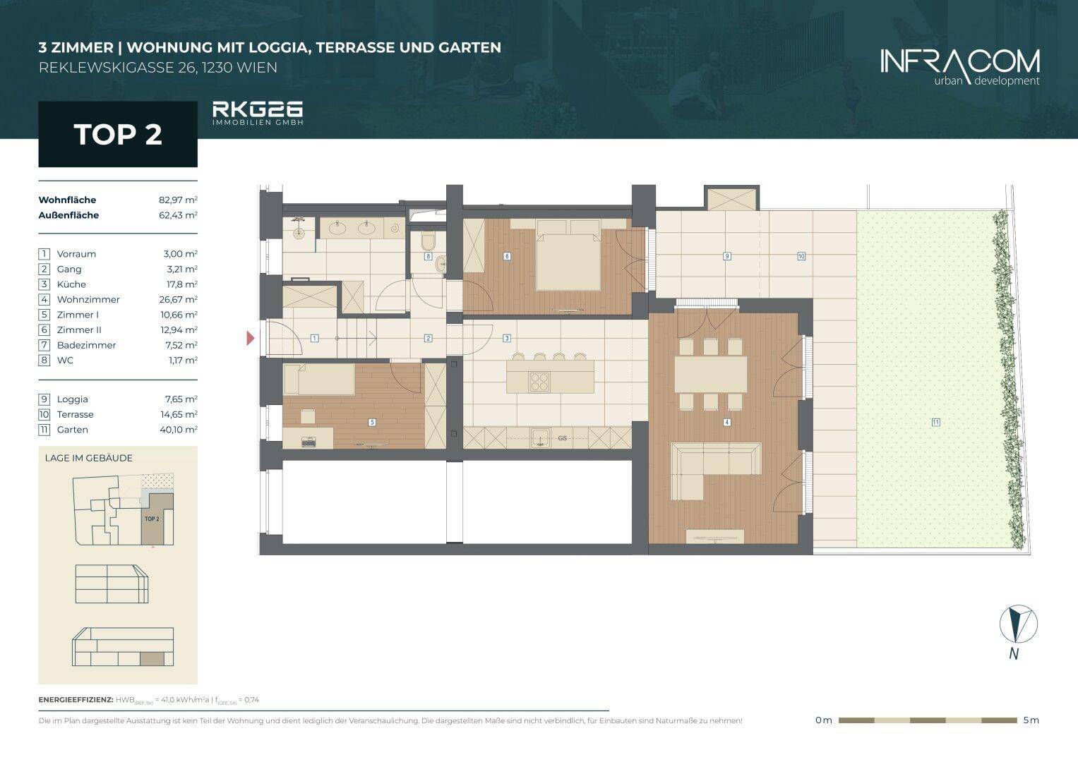 Grundriss der Wohnung Top 2 mit Loggia, Terrasse und Gartenanteil.