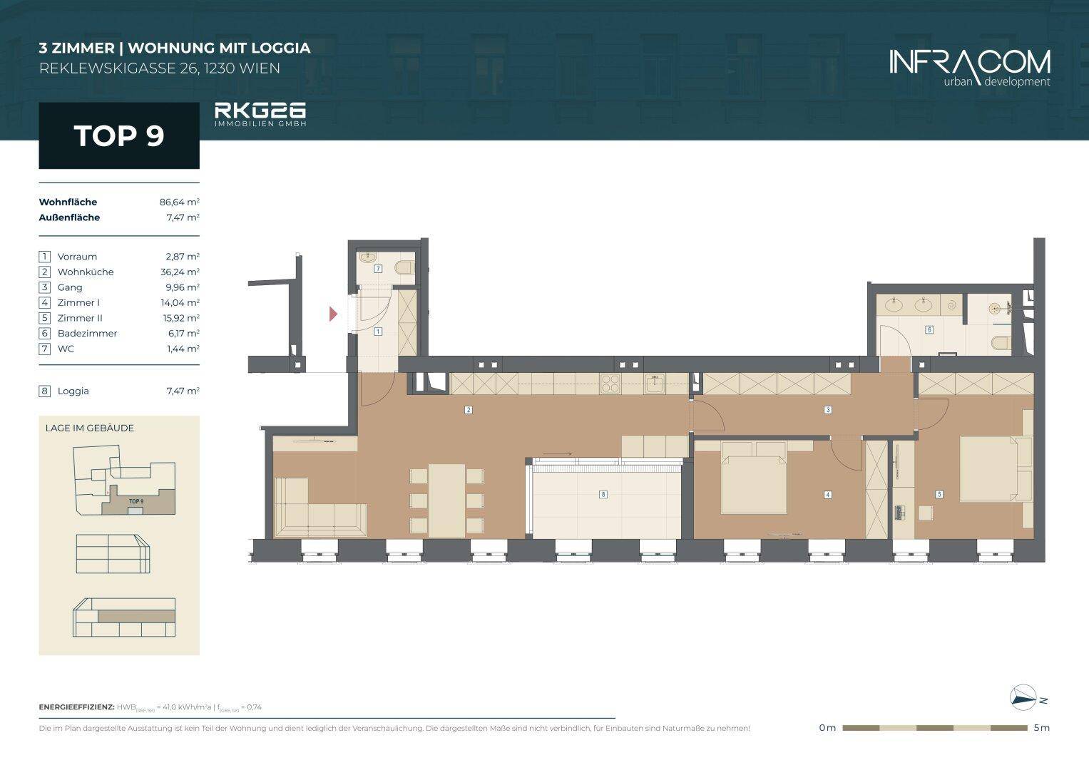 Grundriss der Wohnung Top 9 mit drei Zimmern, Loggia und separatem WC.