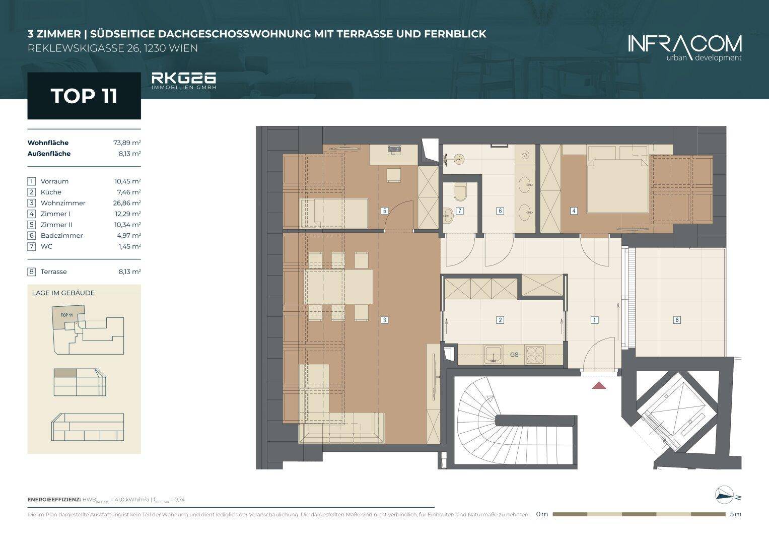 Grundriss einer Dachgeschosswohnung mit drei Zimmern, Terrasse und Fernblick.