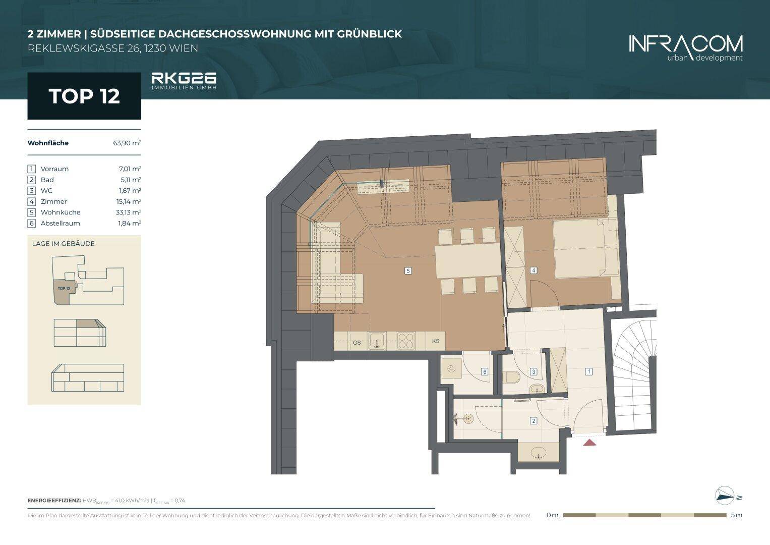 Grundriss einer 2-Zimmer-Dachgeschosswohnung mit 63,90 m² und Südausrichtung.