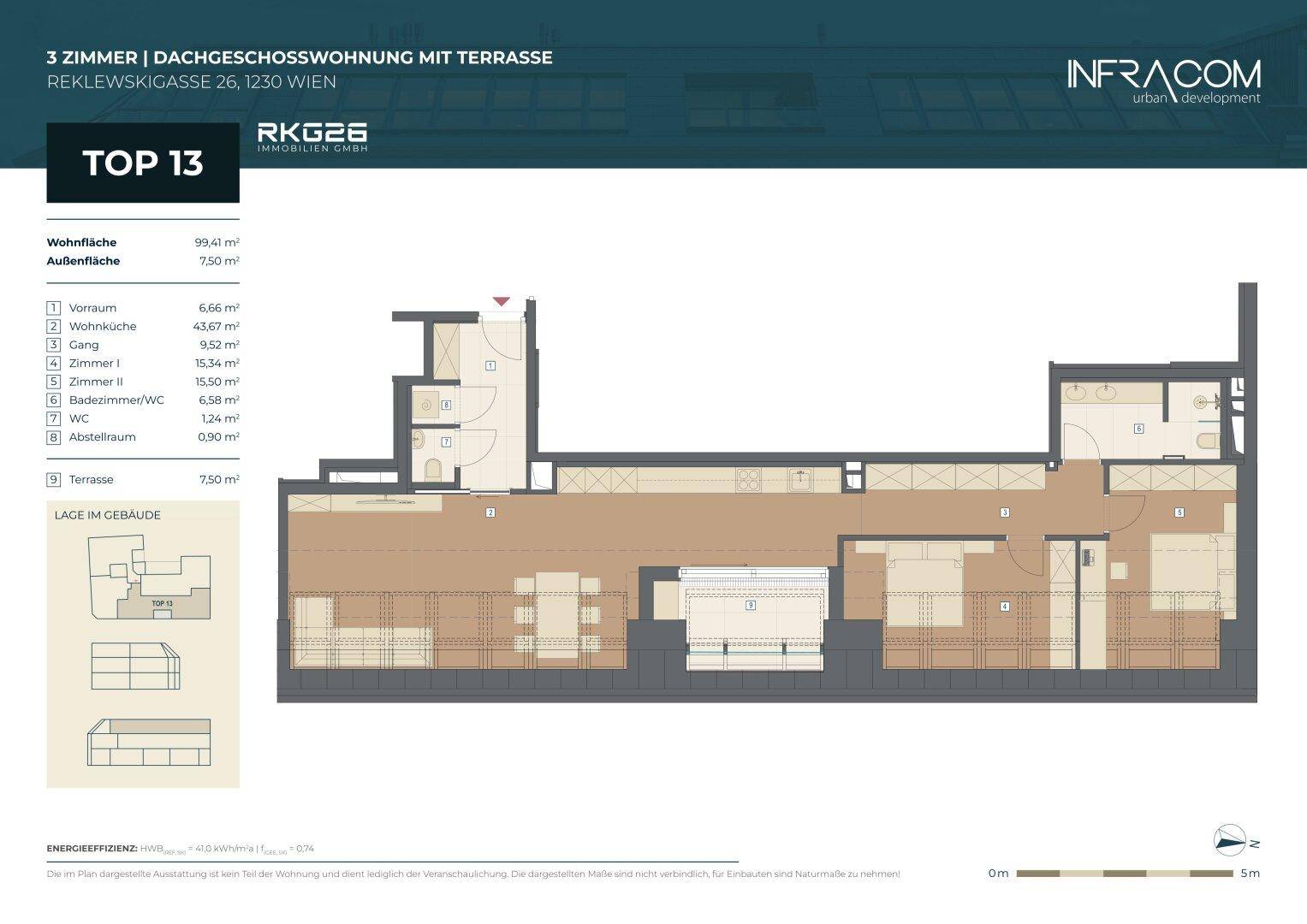 Grundriss einer 3-Zimmer-Dachgeschosswohnung mit Terrasse und klarer Raumaufteilung.