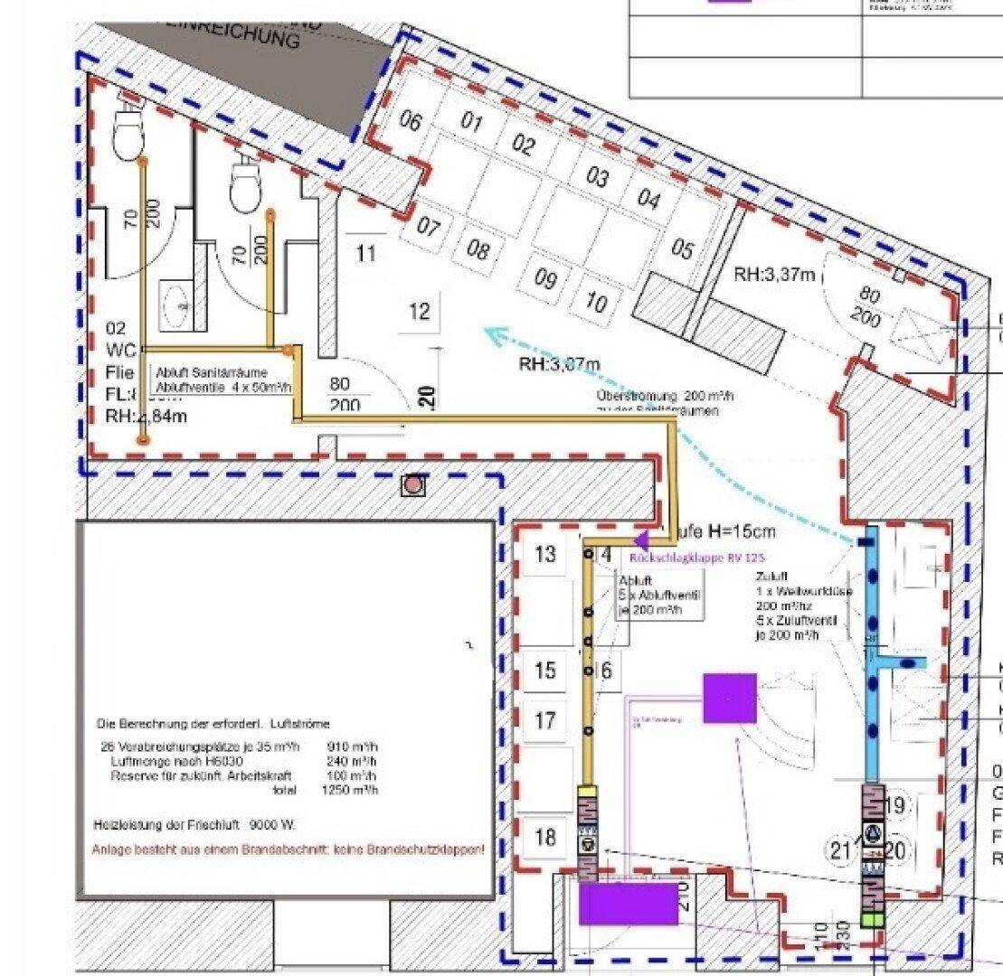 Detaillierter Grundriss eines Gewerbeobjekts mit Sanitärräumen und Lüftungsplanung.