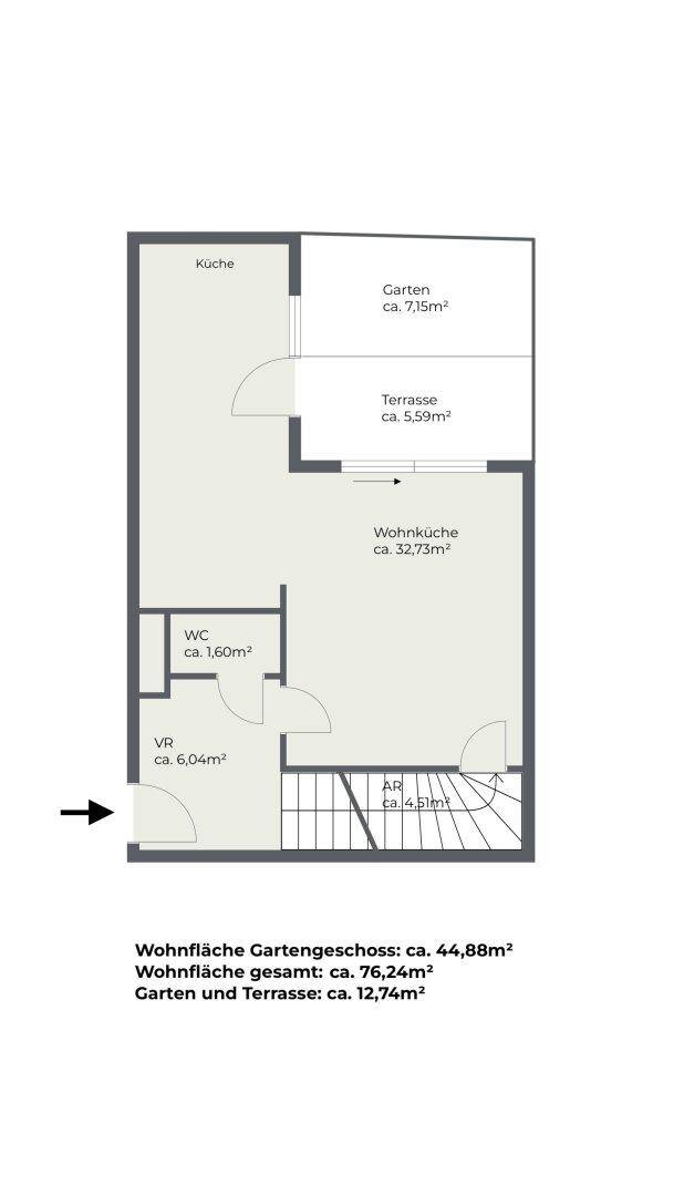 Grundriss des Gartengeschosses mit offener Wohnküche, WC, Garten und Terrasse.