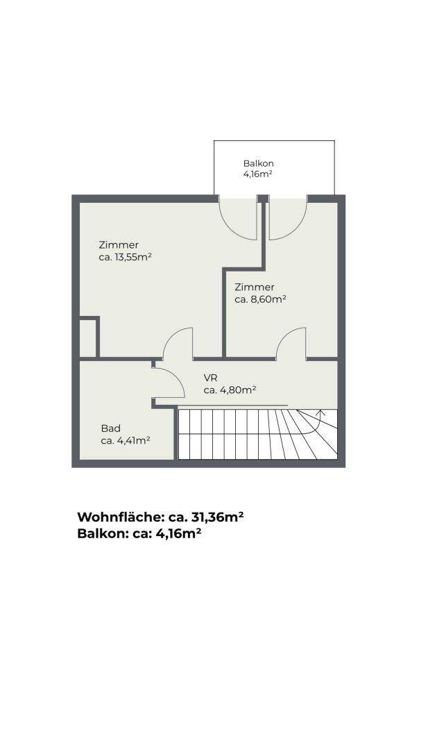 Grundriss des Obergeschosses mit zwei Zimmern, Bad und Balkon.