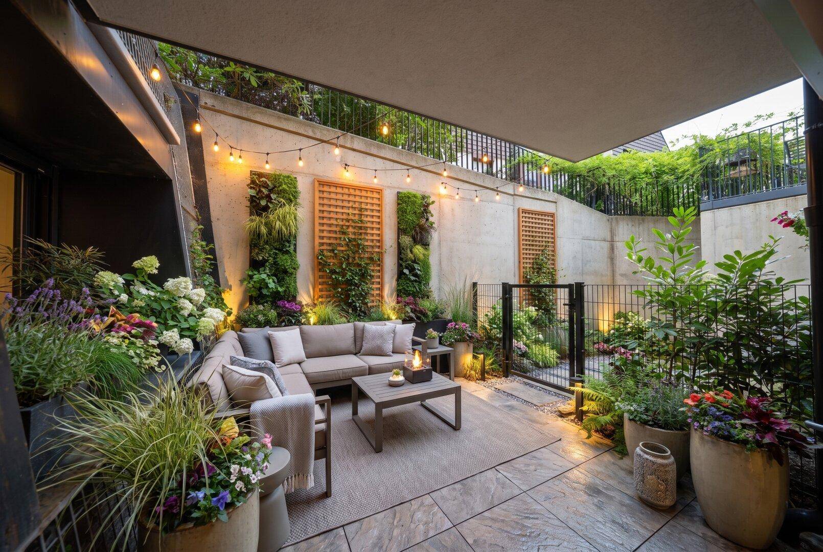 Gemütliche Terrasse mit Lounge-Möbeln, Pflanzen und stimmungsvoller Beleuchtung.