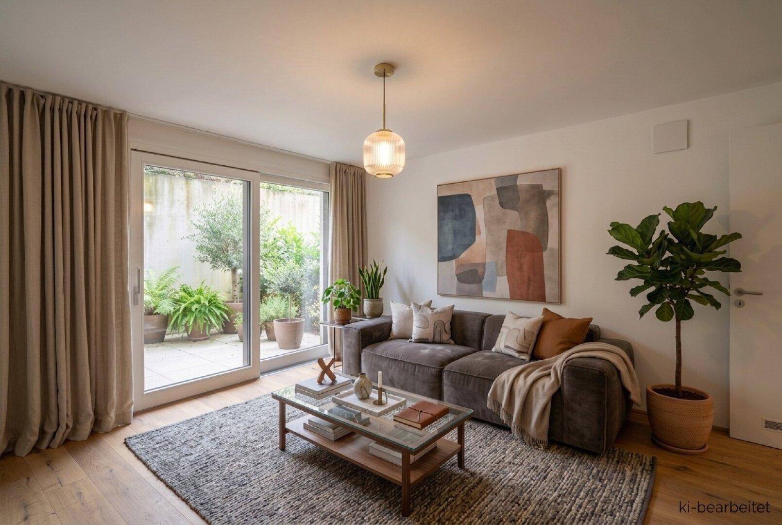 Gemütliches Wohnzimmer mit modernem Sofa, Holzboden und direktem Zugang zur Terrasse.