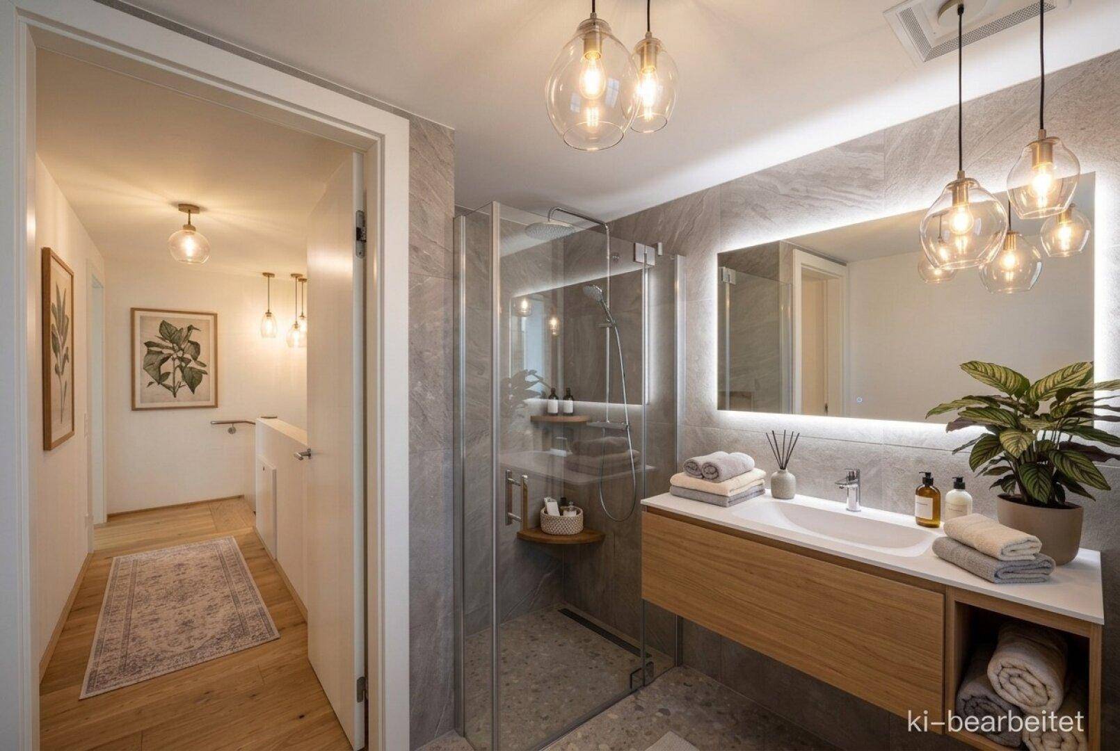 Modernes Badezimmer mit begehbarer Dusche, Einzelwaschbecken und beleuchtetem Spiegel.