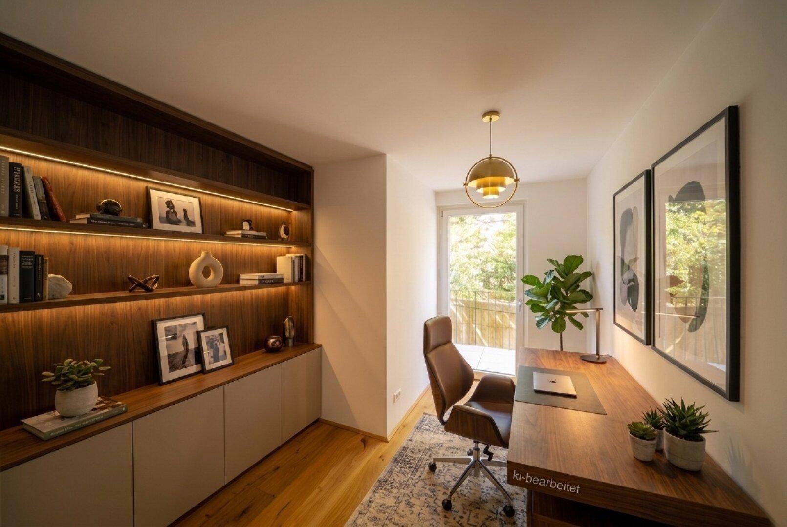 Modernes Arbeitszimmer mit Einbauregalen, Schreibtisch und Zugang zu einem Balkon.