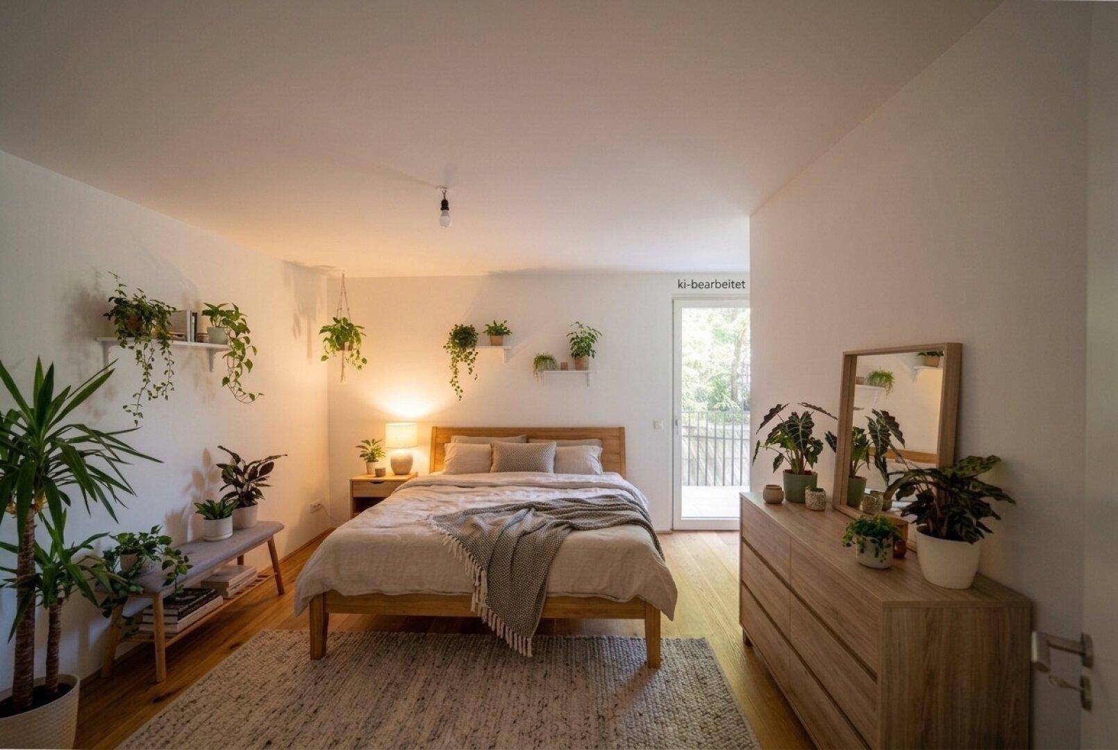 Gemütliches Schlafzimmer mit Holzbett, vielen Pflanzen und Zugang zum Balkon.