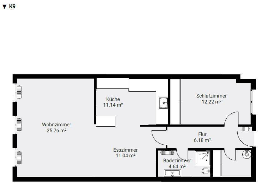 Grundriss der Wohnung mit Wohnzimmer, Küche, Esszimmer, Schlafzimmer und Bad.