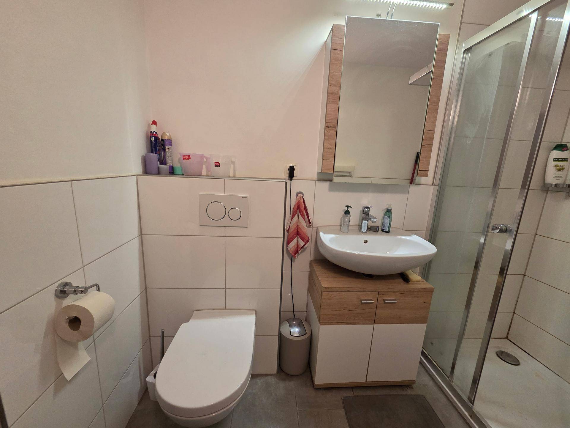 Funktionales Badezimmer mit WC, Waschbecken und Duschkabine, hell gefliest.