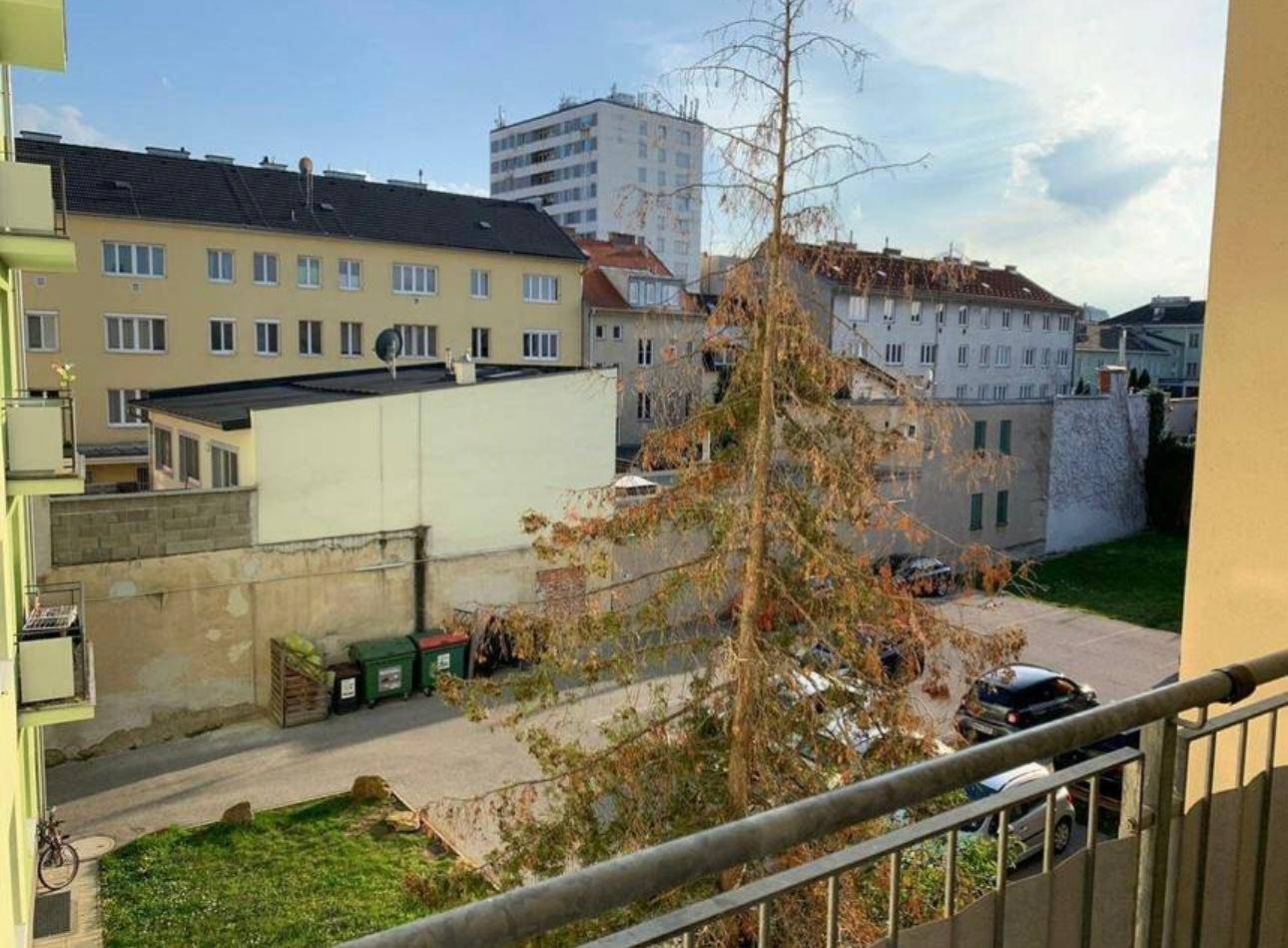 Blick vom Balkon auf die städtische Umgebung mit Gebäuden, Bäumen und geparkten Autos.