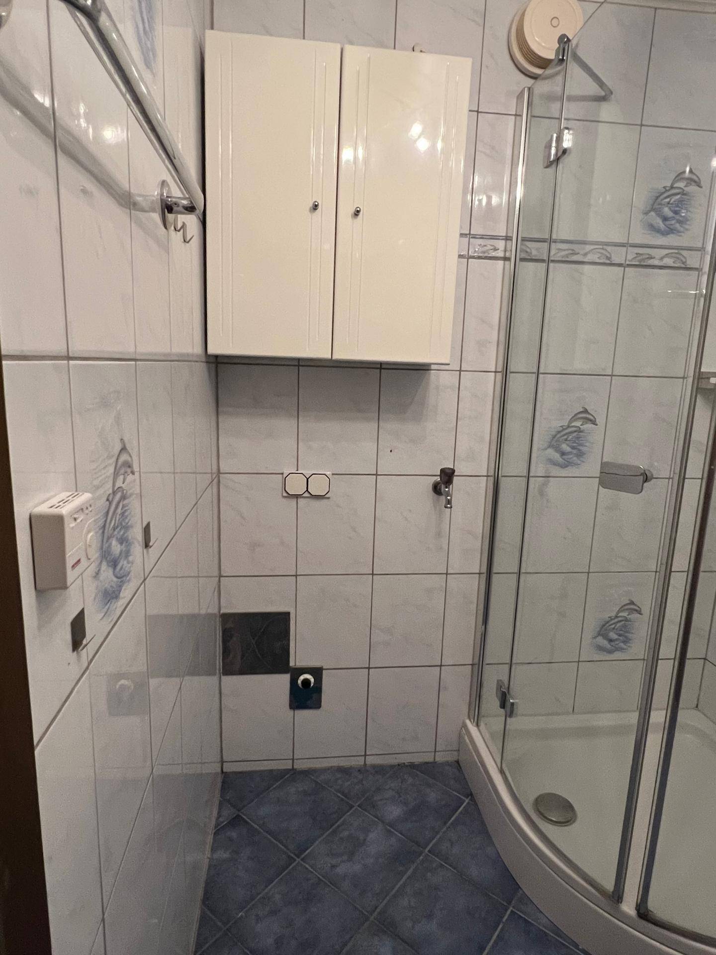 Duschbereich in einem Badezimmer mit blauen Bodenfliesen und weißen Wandfliesen.