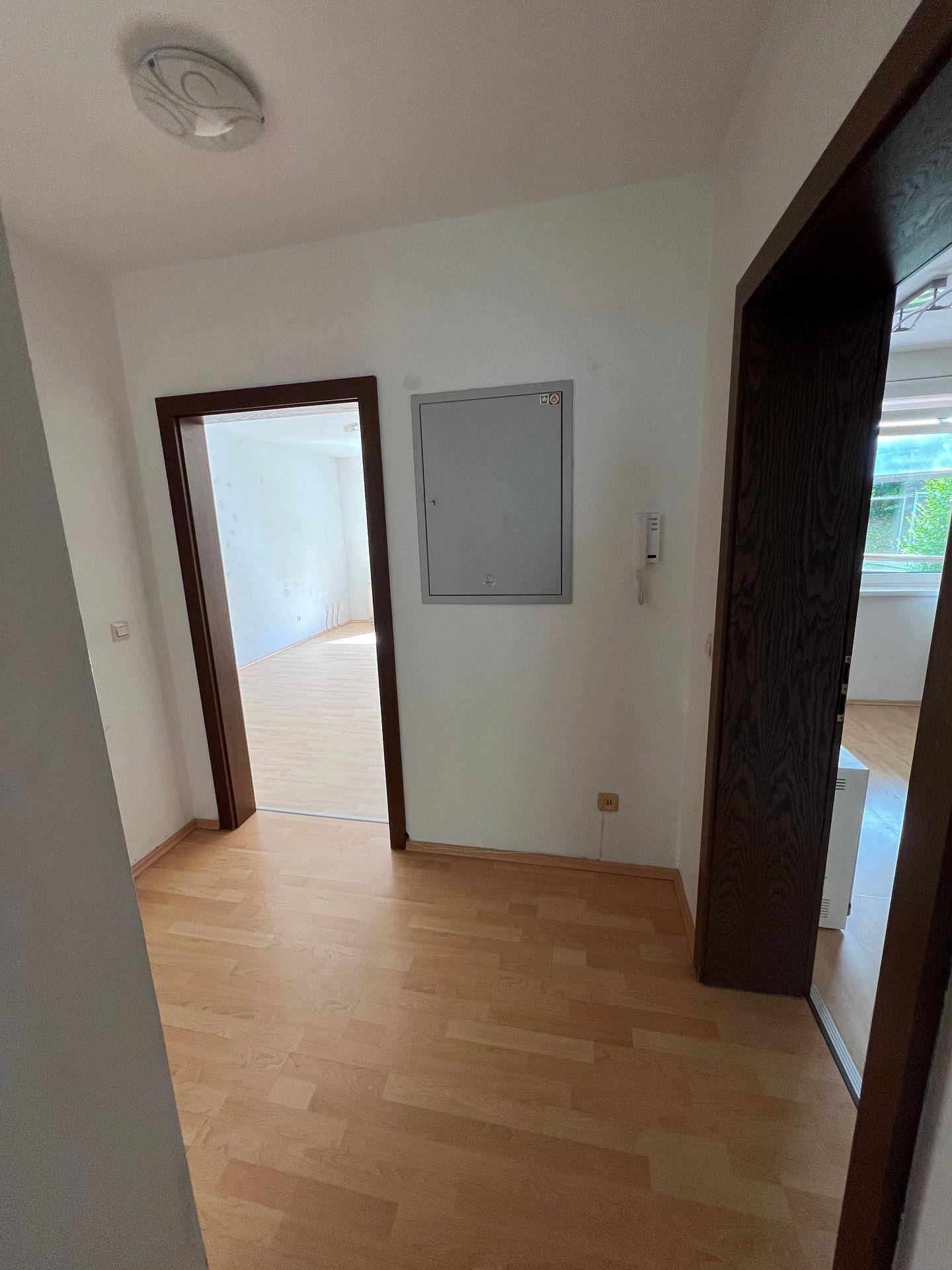 Flur mit Laminatboden und Türen zu angrenzenden Räumen, gut beleuchtet.