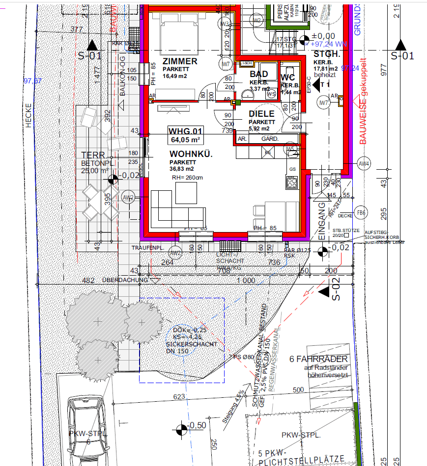 Detaillierter Grundriss einer Wohneinheit mit Wohnküche, Zimmer, Balkon und Außenbereich.