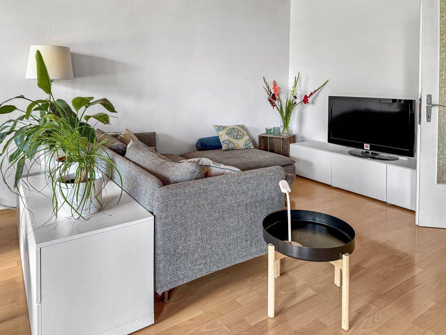 Gemütliches Wohnzimmer mit Sofa, Fernseher und hellem Parkettboden.