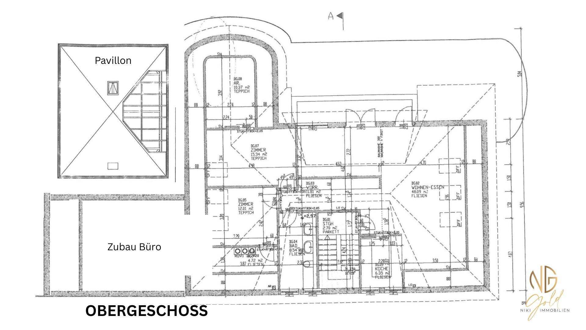 Grundriss des Obergeschosses mit Pavillon, Büro und weiteren Wohnräumen.