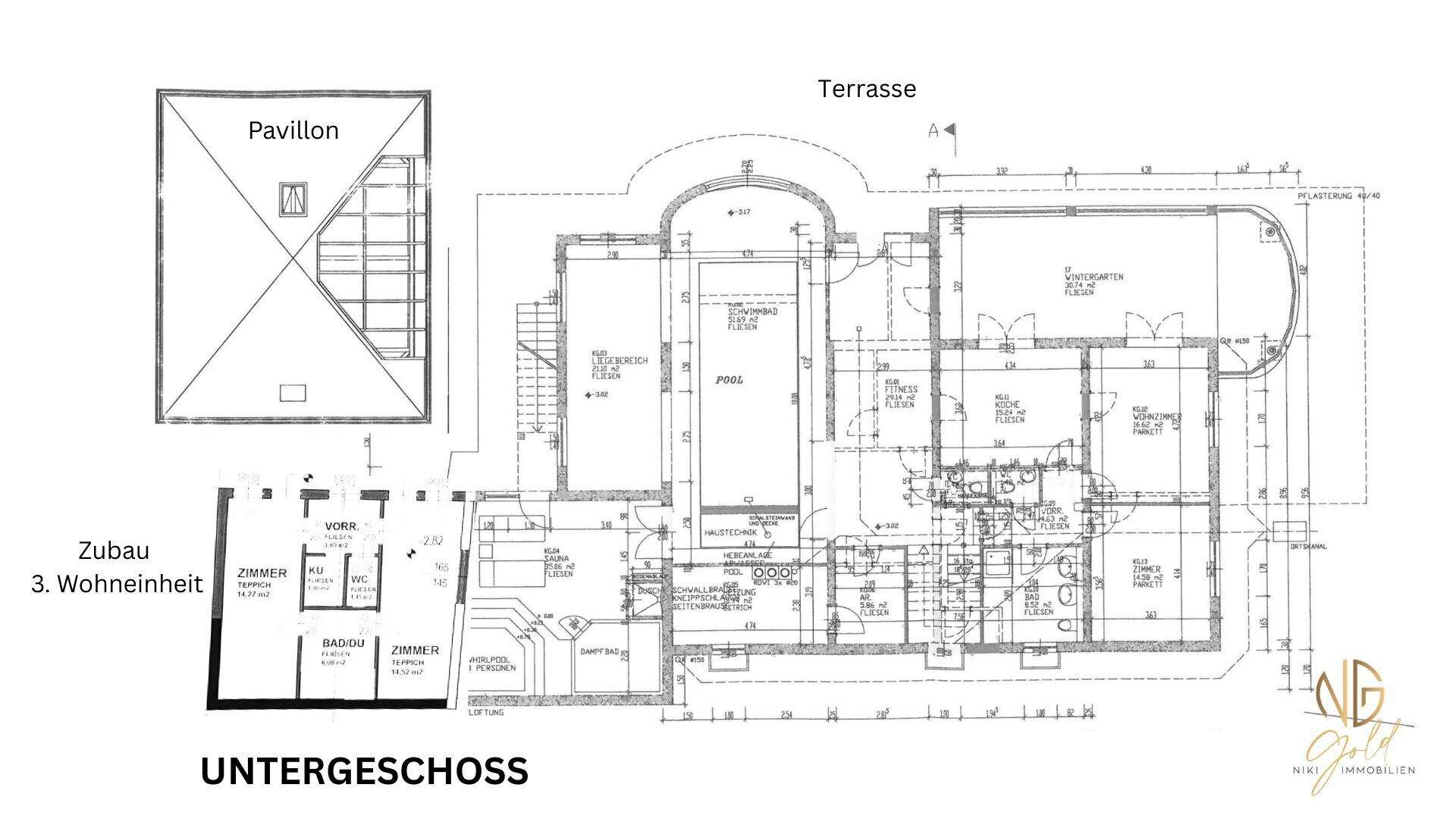 Grundriss des Untergeschosses mit Pool, Fitnessbereich, Terrasse und separater Wohneinheit.