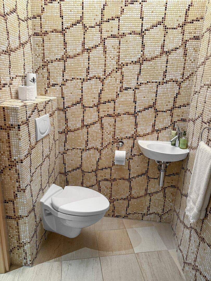 Gäste-WC mit beigen Mosaikfliesen, Wand-WC und kleinem Waschbecken.