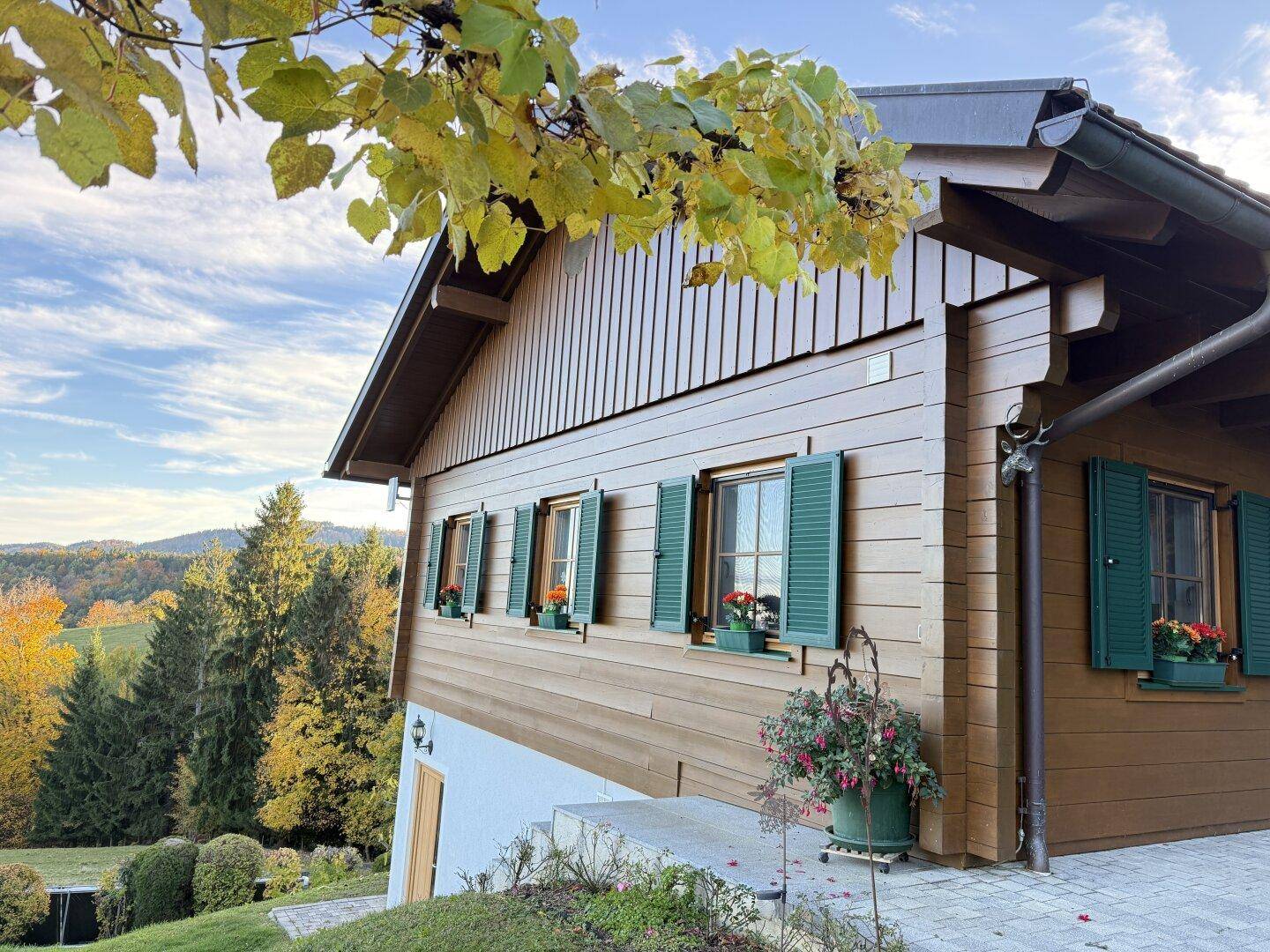 Seitenansicht des Holzhauses mit grünen Fensterläden und herbstlicher Vegetation im Hintergrund.
