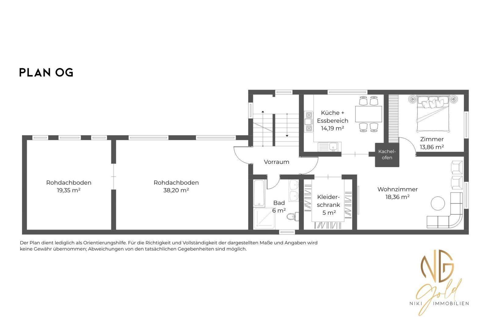 Grundriss des Obergeschosses mit Küche, Essbereich, Bad und drei Zimmern.