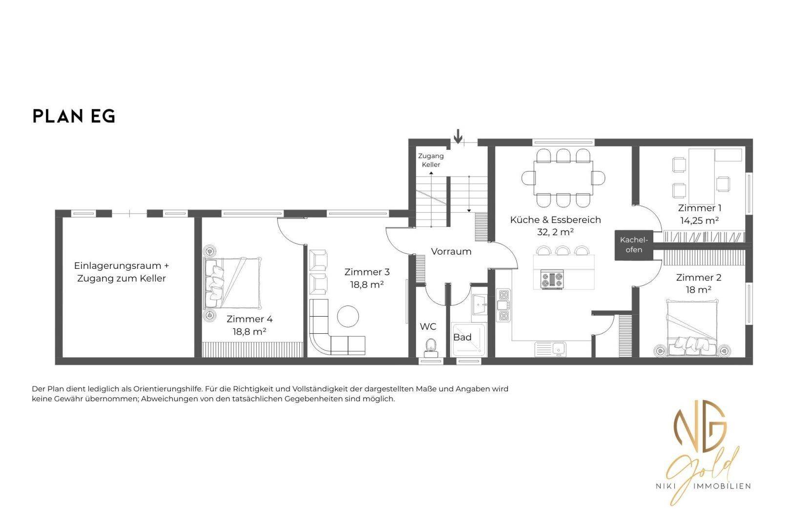 Grundriss des Erdgeschosses mit Küche, Essbereich, Bad, WC und vier Zimmern.