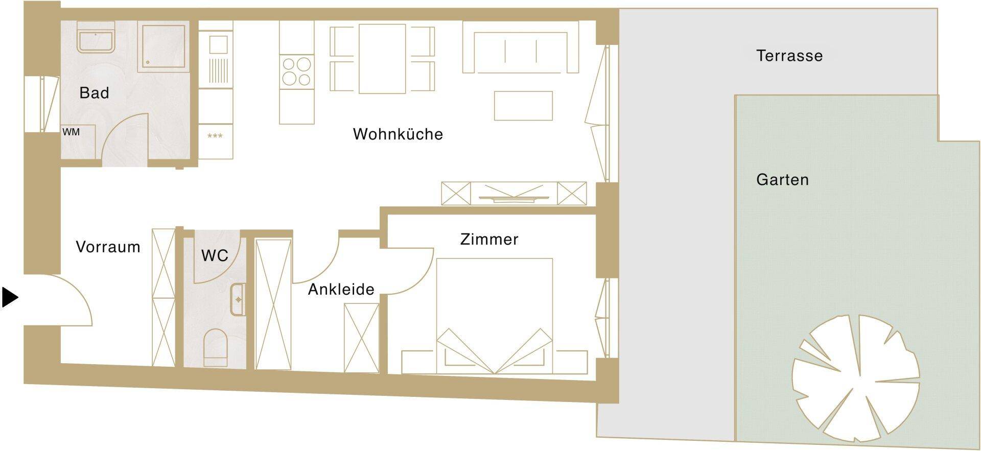 Grundriss einer Wohnung mit Wohnküche, Schlafzimmer, Bad, WC, Ankleide, Terrasse und Garten.