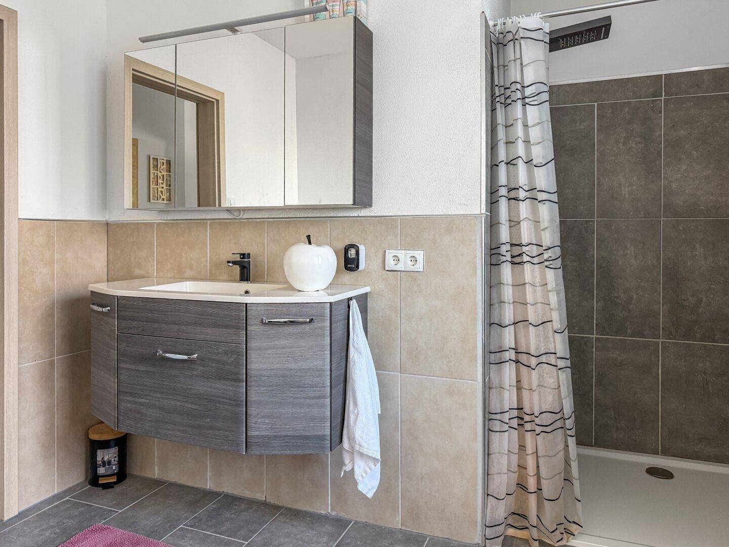 Modernes Badezimmer mit Duschkabine, Waschtischunterschrank und Spiegelschrank.