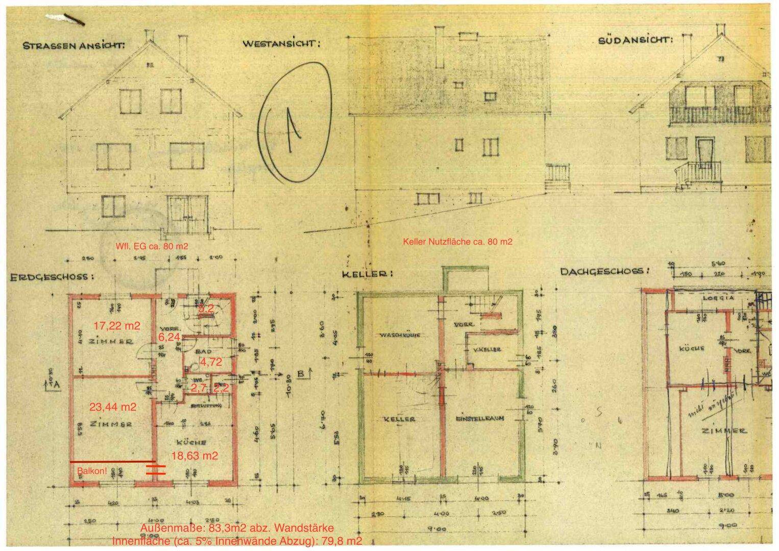 Historischer Grundrissplan des Erdgeschosses, Kellers und Dachgeschosses mit Ansichten des Einfamilienhauses.