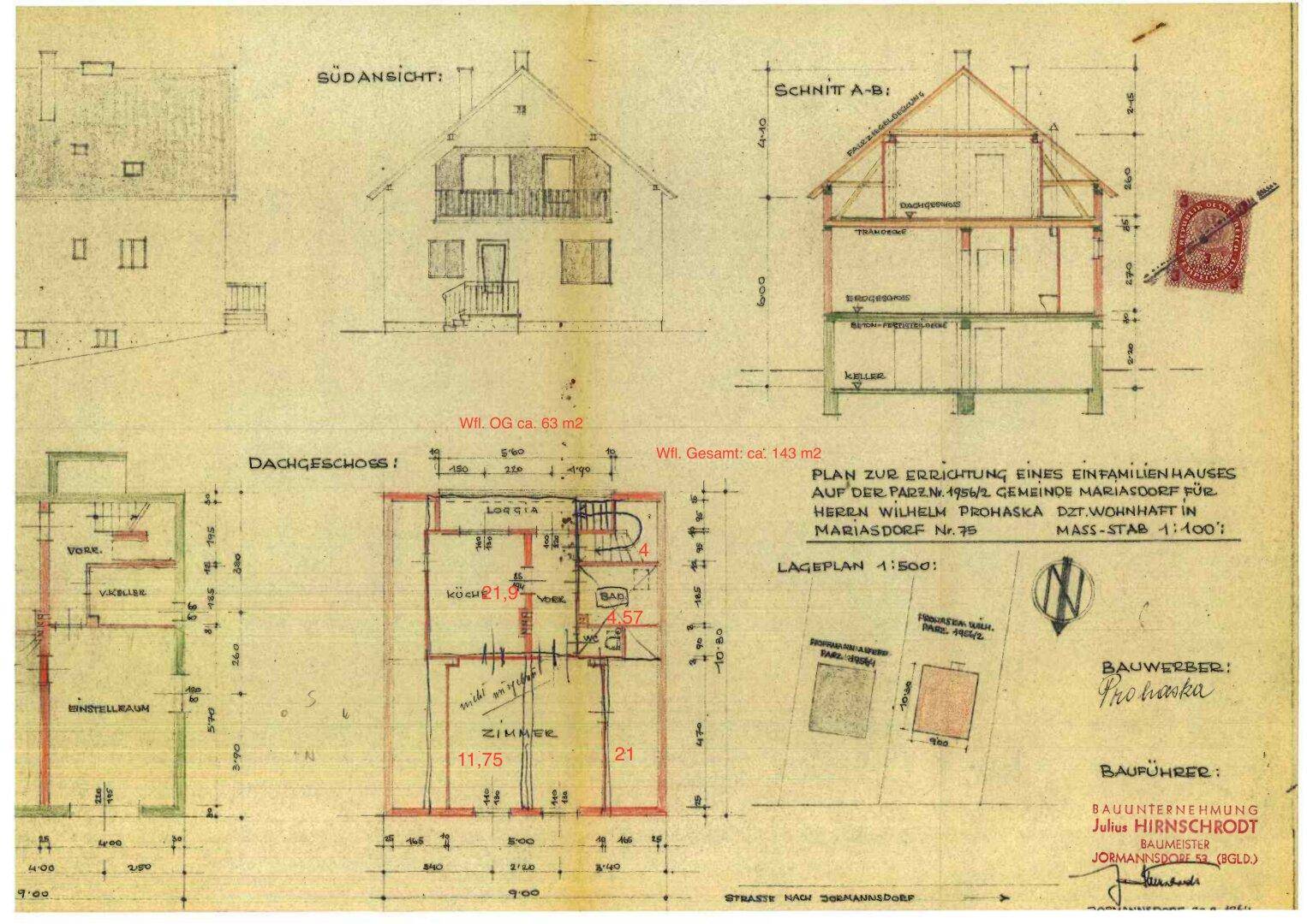 Historischer Plan eines Einfamilienhauses mit Grundrissen, Schnitten und Lageplan.
