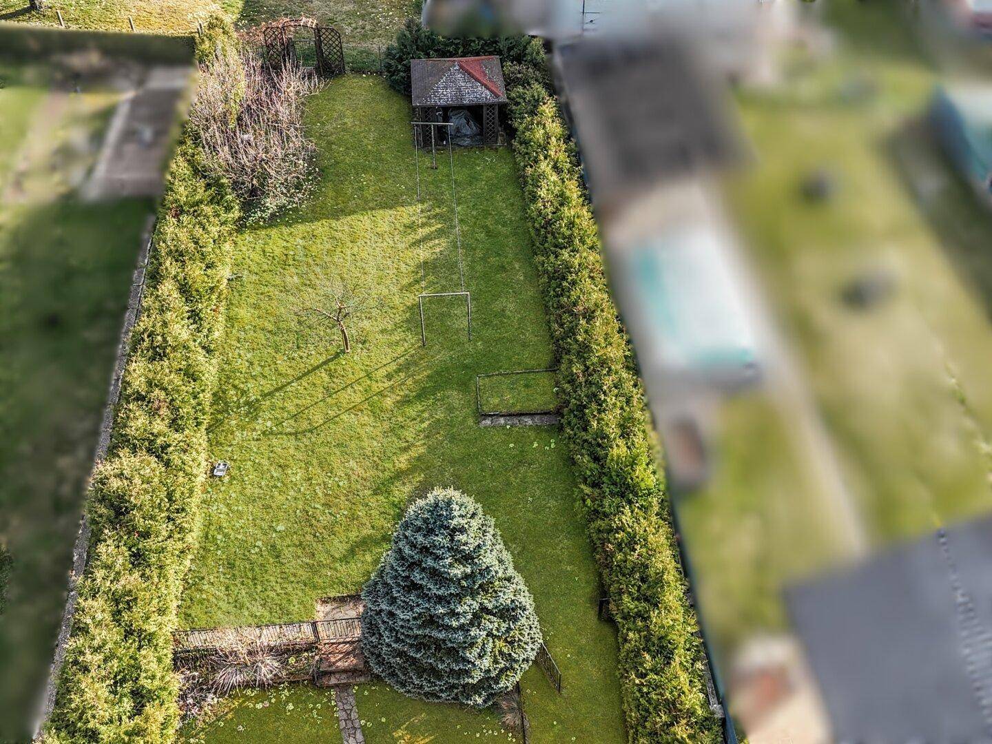 Luftaufnahme des hinteren Gartens mit Rasenfläche, hohen Hecken und einem kleinen Gartenhaus.