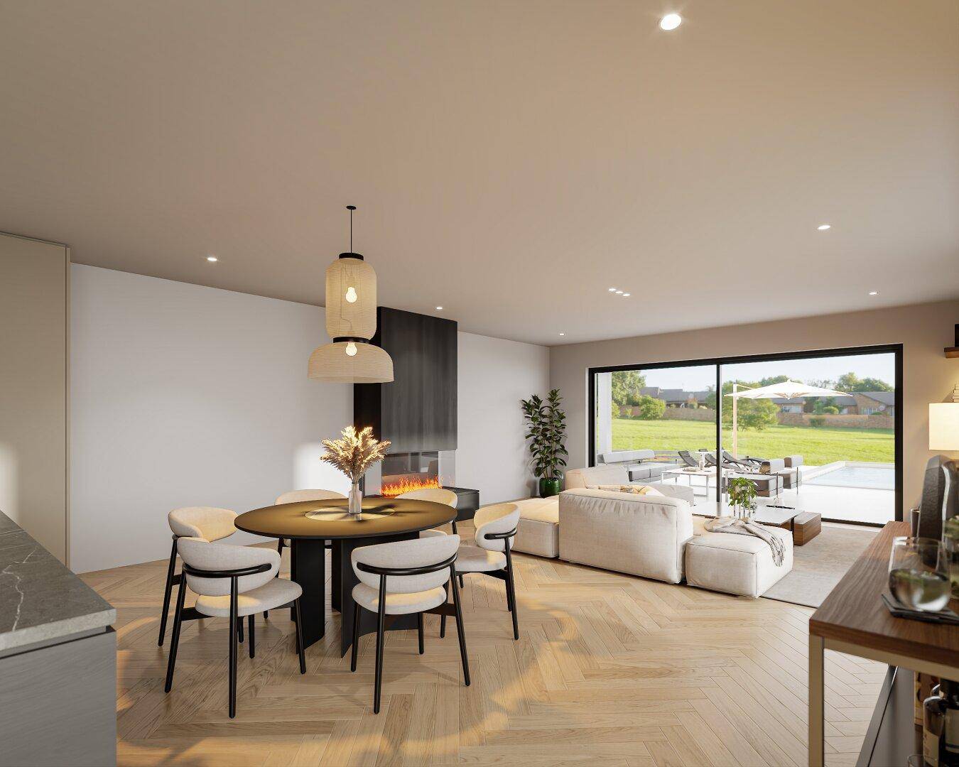 Eleganter Essbereich mit modernem Esstisch, Designerleuchten und Blick ins Grüne.