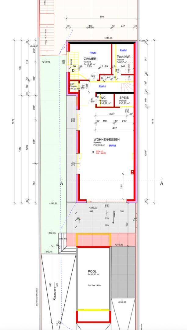 Grundriss des Erdgeschosses mit Wohn-Essbereich, Zimmer und Poolbereich.