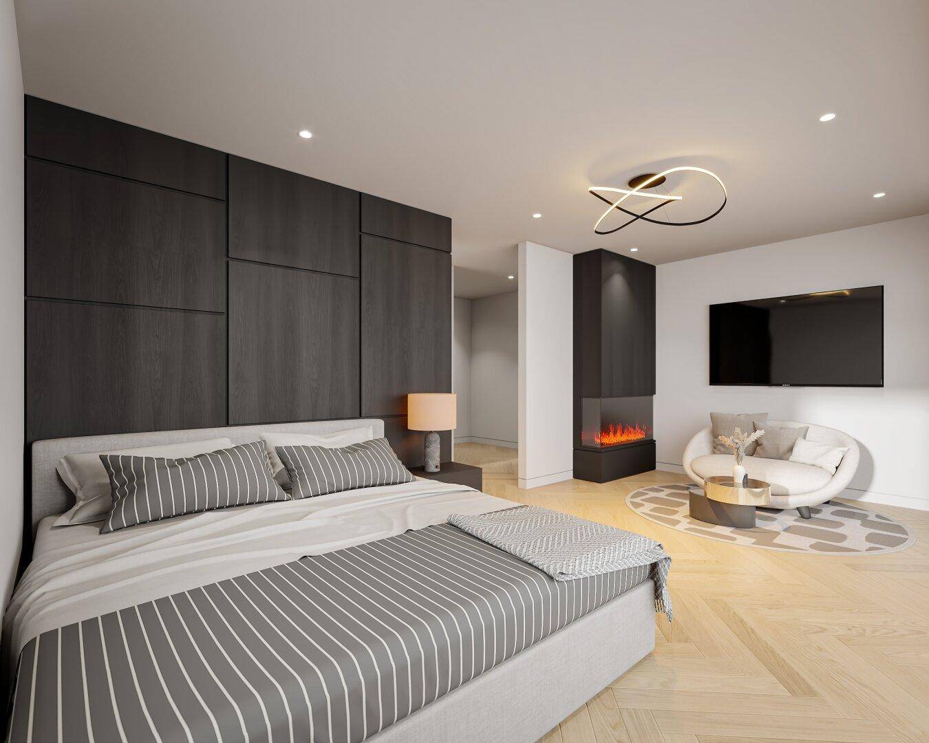 Modernes Schlafzimmer mit Holzwandverkleidung, Kamin und gemütlicher Sitzecke.