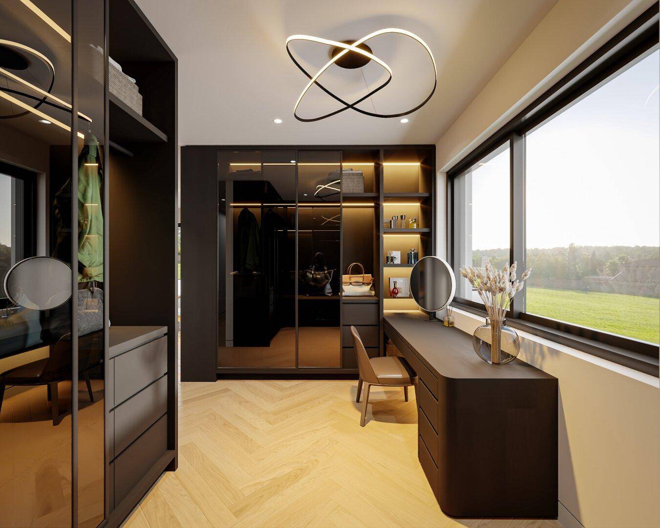 Geräumiger begehbarer Kleiderschrank mit Einbauschränken, Schminktisch und Fenster.
