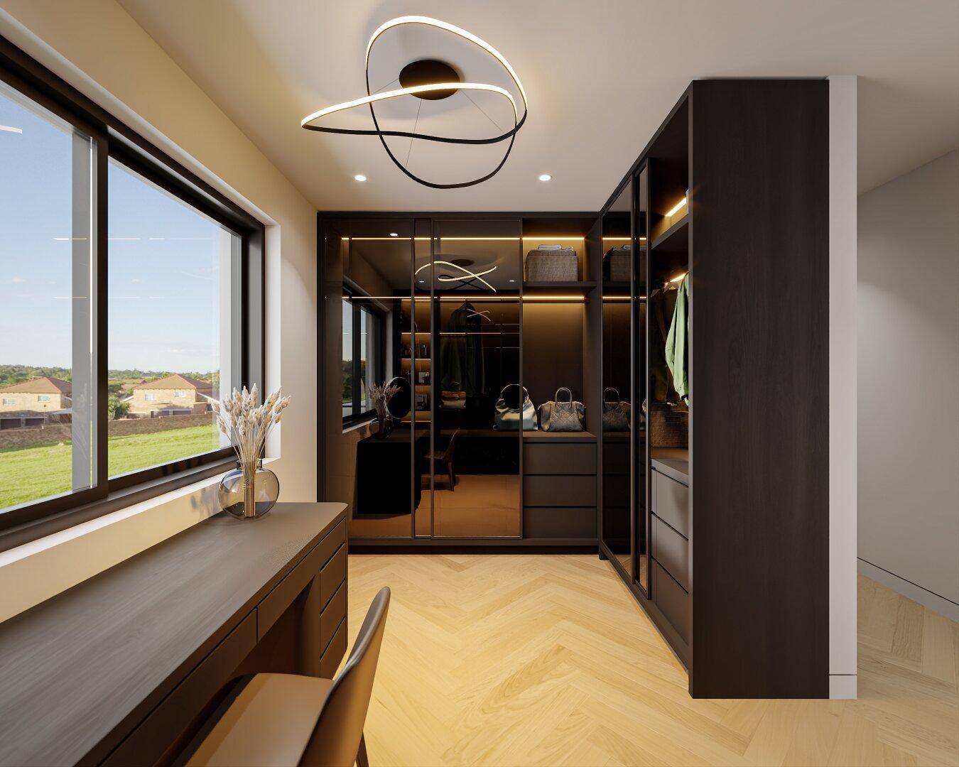 Eleganter begehbarer Kleiderschrank mit viel Stauraum und natürlichem Lichteinfall.