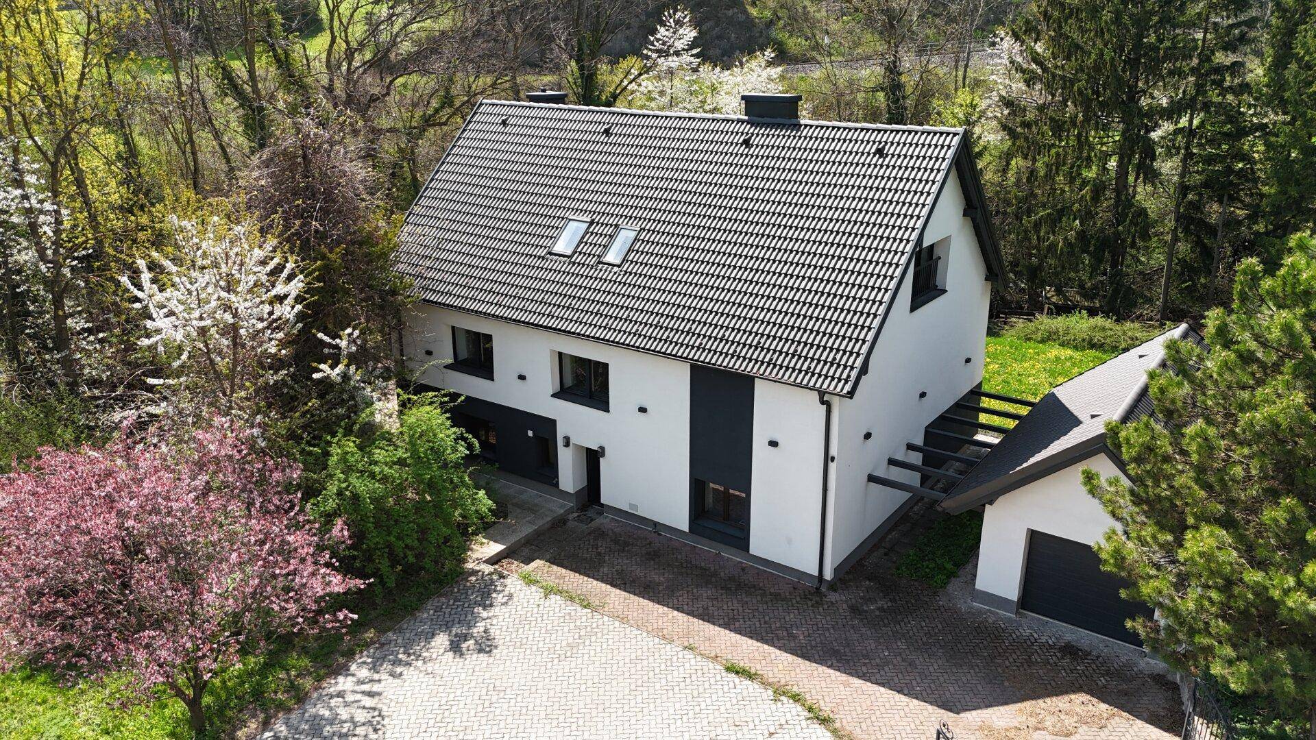 Luftaufnahme des modernen Einfamilienhauses mit dunklem Dach und umgebender Natur.
