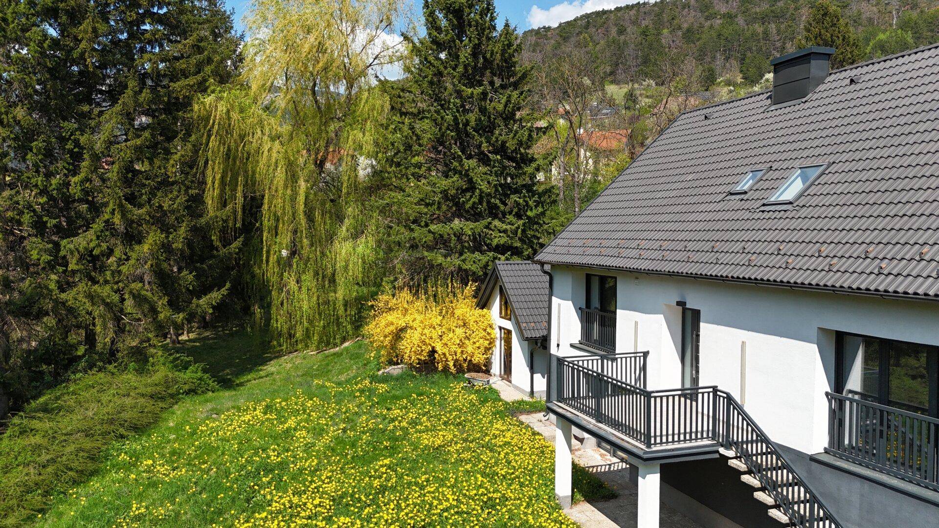 Grüner Gartenbereich mit blühenden Sträuchern und hohen Bäumen neben dem Haus.