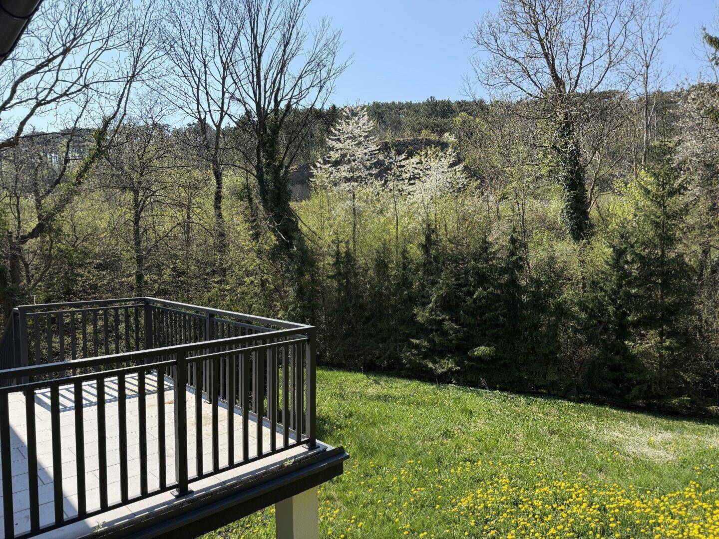 Balkon mit Holzboden und weitem Blick auf die grüne Hügellandschaft.