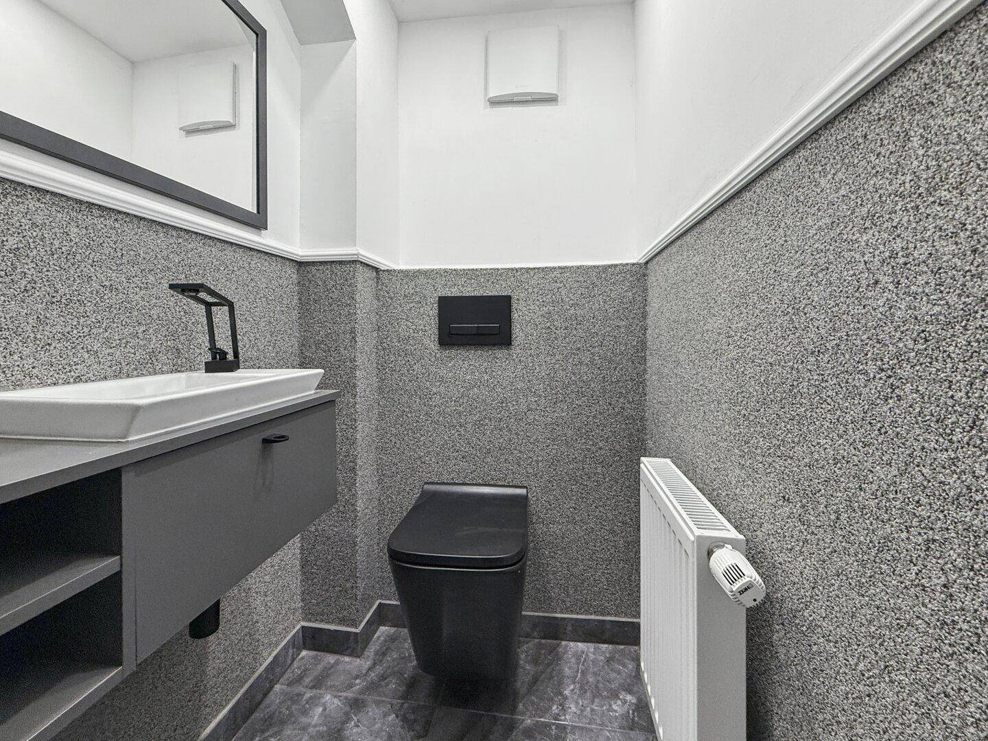 Modernes Gäste-WC mit dunklen Fliesen, schwarzer Toilette und Waschbecken.