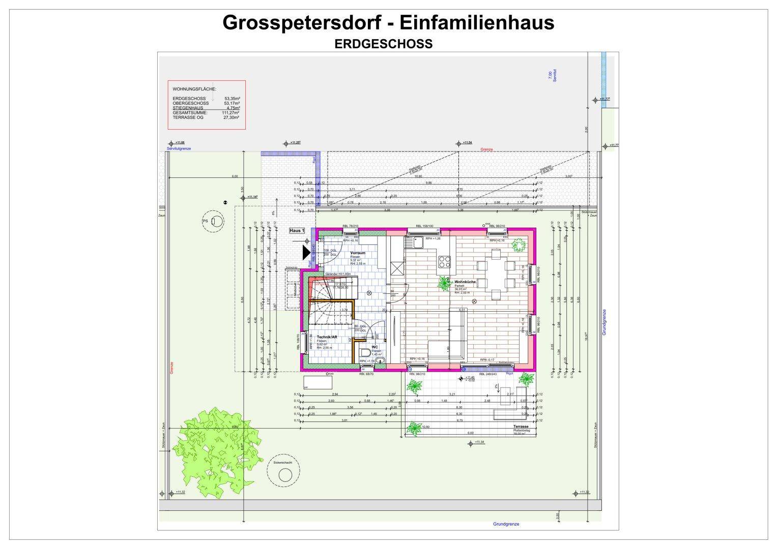Grundriss des Erdgeschosses eines Einfamilienhauses mit offenem Wohnbereich und Terrasse.