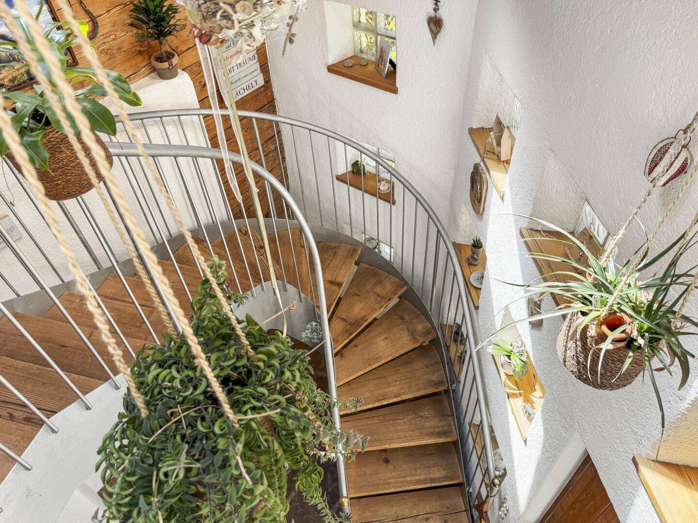 Wendeltreppe aus Holz und Metall, von oben fotografiert, mit hängenden Pflanzen und viel Licht.