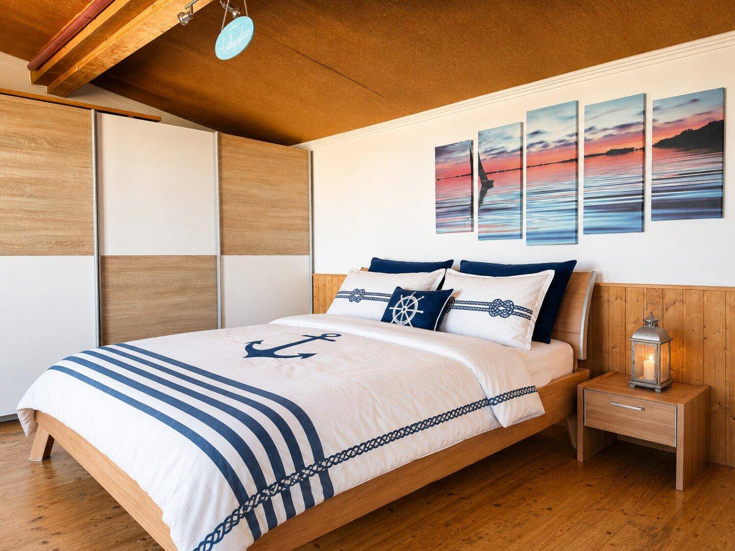 Gemütliches Schlafzimmer mit nautischem Thema, Holzboden und schräger Holzdecke.