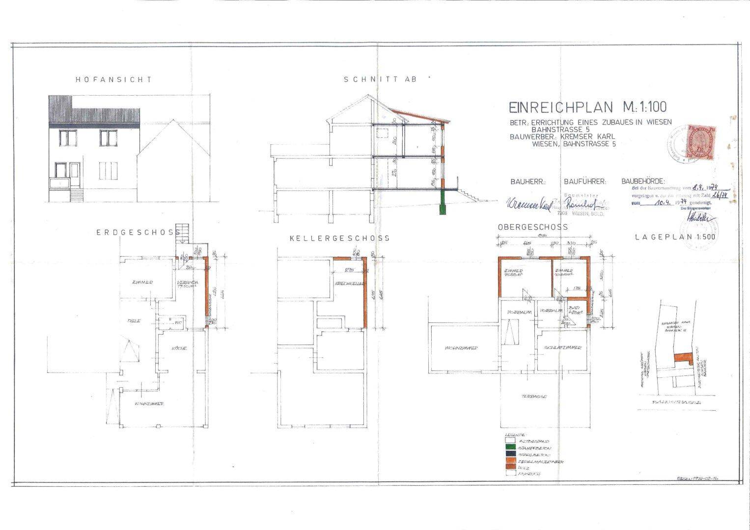 Architektonischer Einreichplan mit Ansichten, Schnitt und Grundrissen für Erd-, Keller- und Obergeschoss.