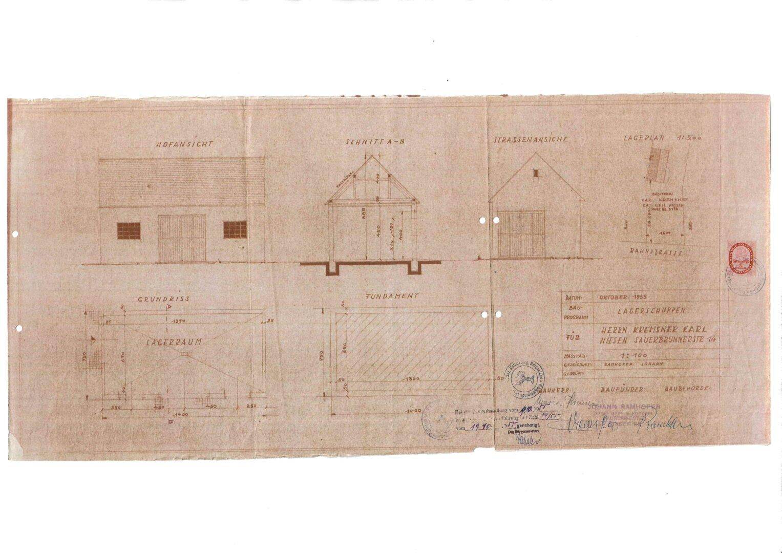 Historischer Bauplan mit Ansichten, Schnitt und Grundriss eines Lagerraums oder Nebengebäudes.