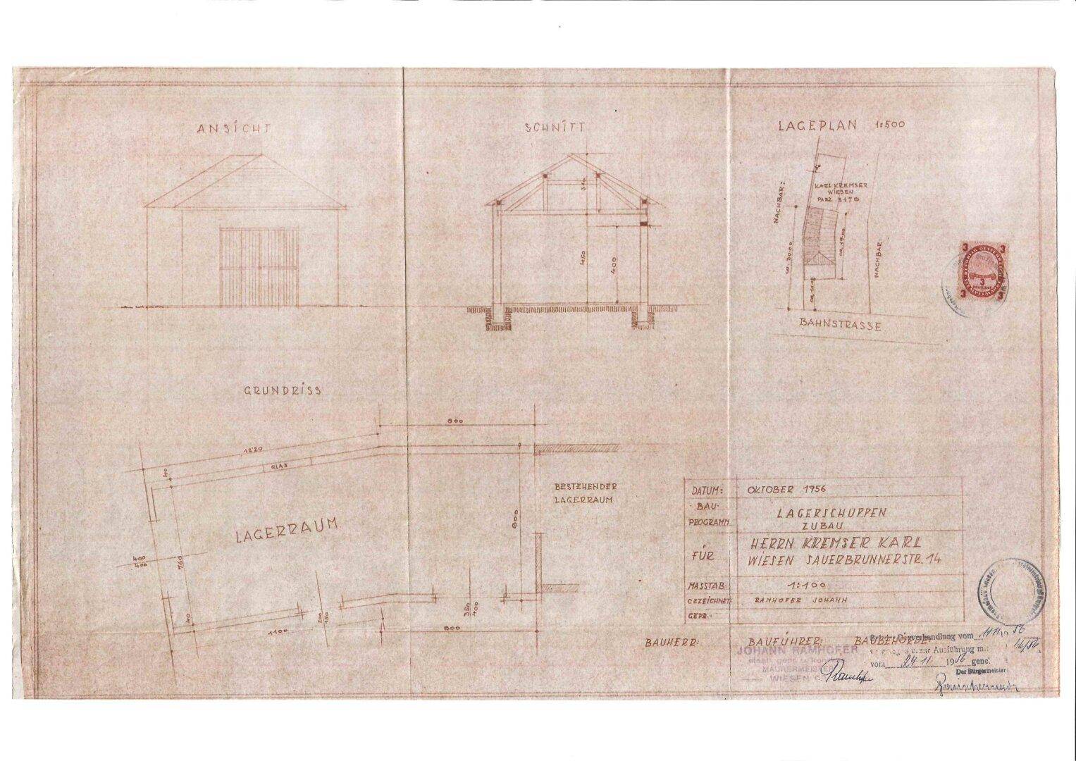 Alter Bauplan mit Ansicht, Schnitt und Grundriss eines Lagergebäudes oder Schuppens.