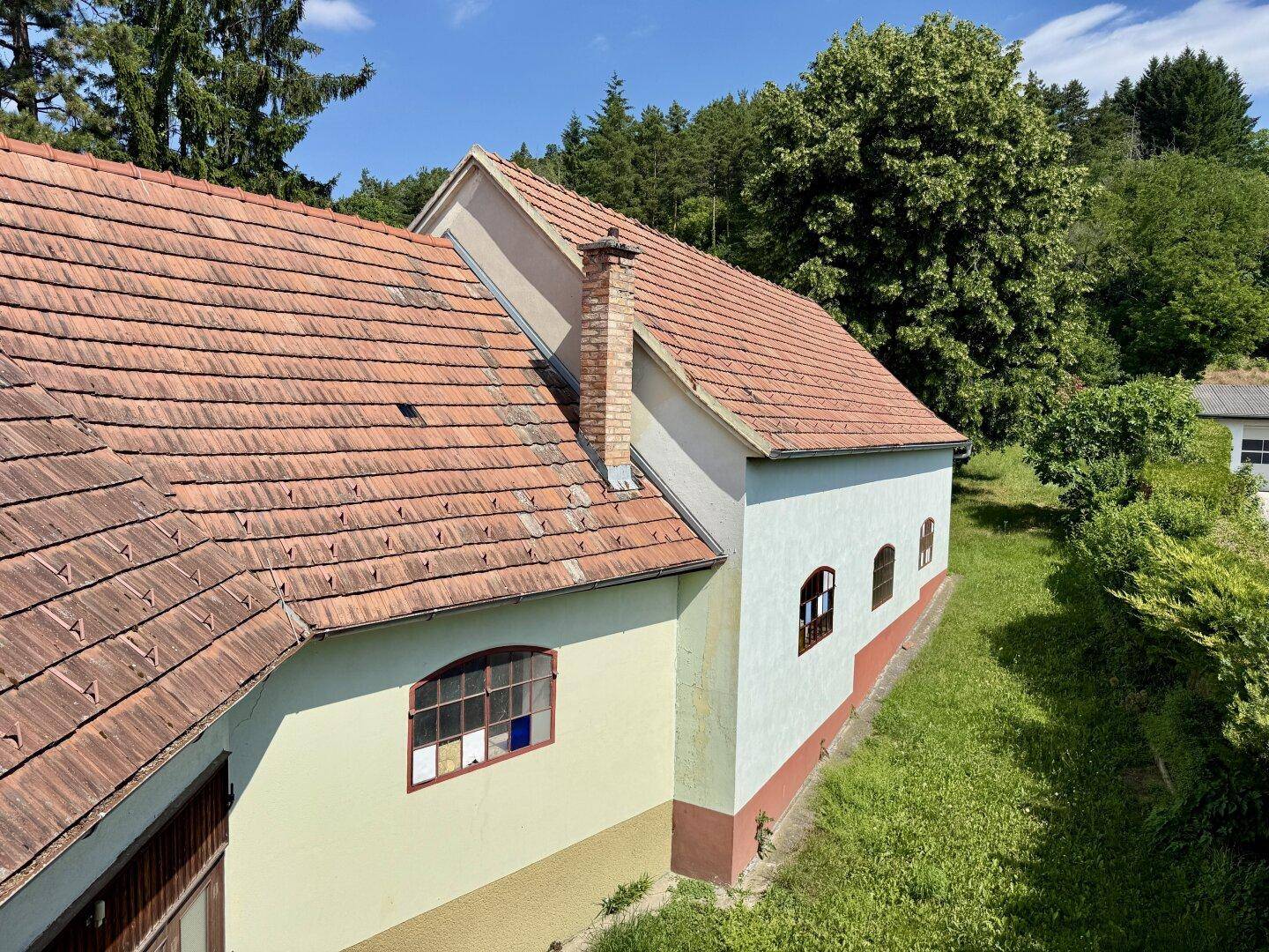 Seitenansicht des Hauses mit roten Dachziegeln und einem grünen Hang im Hintergrund.