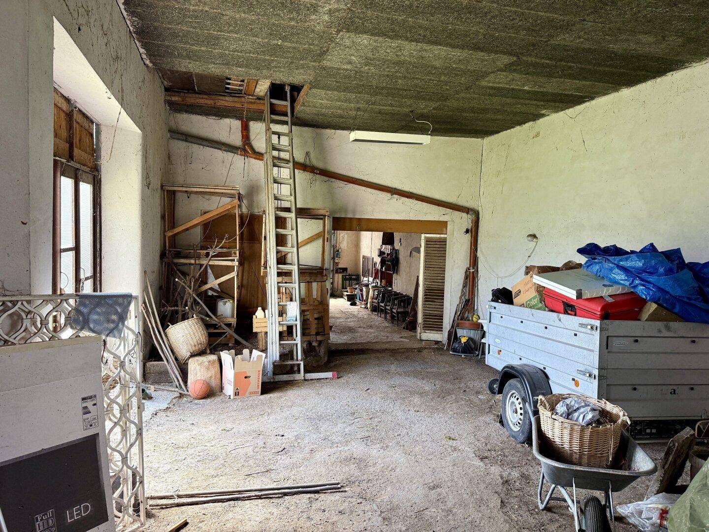 Lagerraum mit Betonboden, einer Leiter zum oberen Bereich und verschiedenen Utensilien und Materialien.
