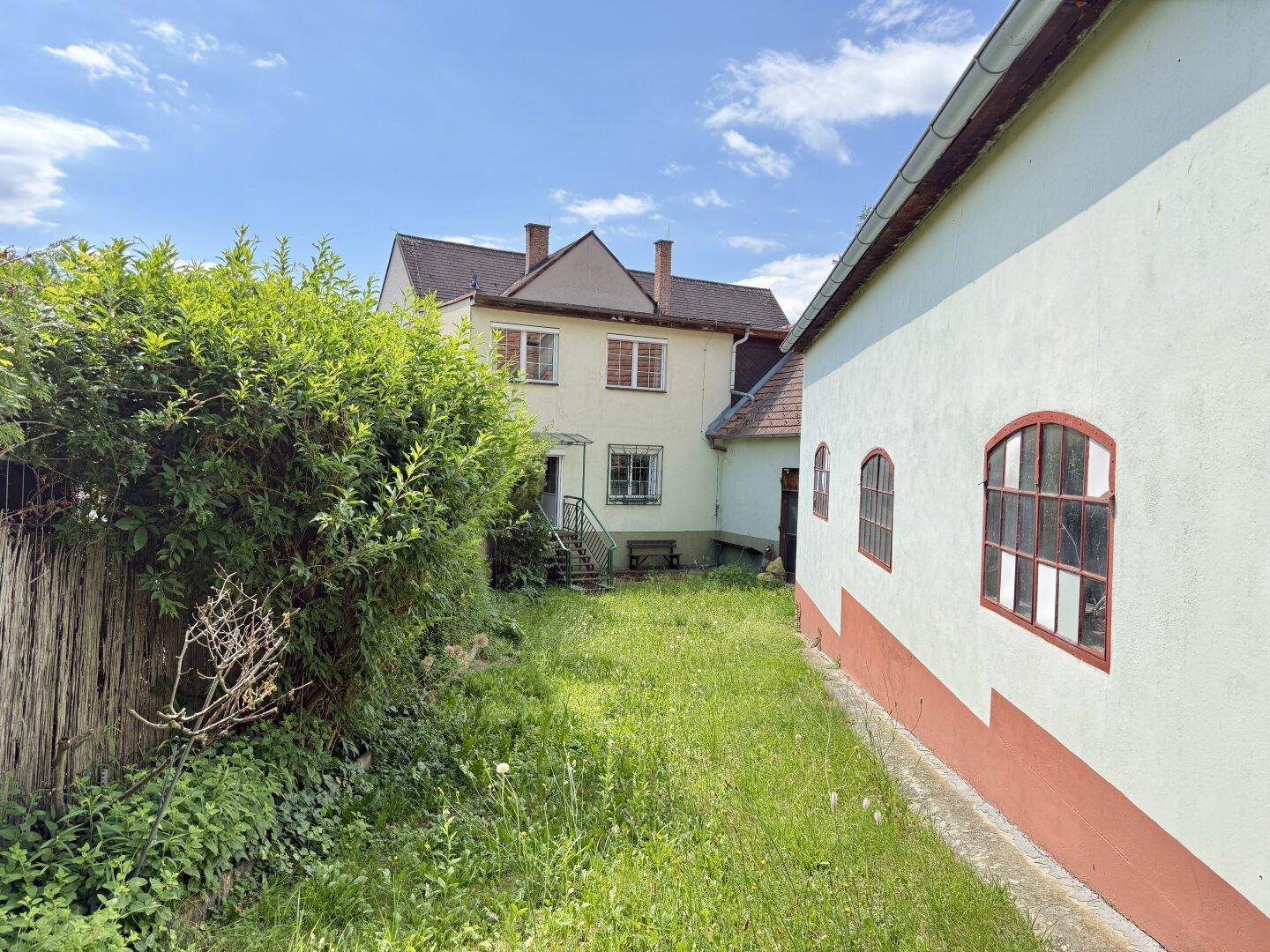 Großer, ungepflegter Gartenbereich neben dem Haus mit viel Grün und Bäumen im Hintergrund.